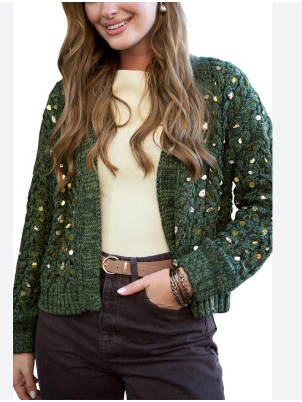 SAACHI Green Sequin Cable Knit Cardigan